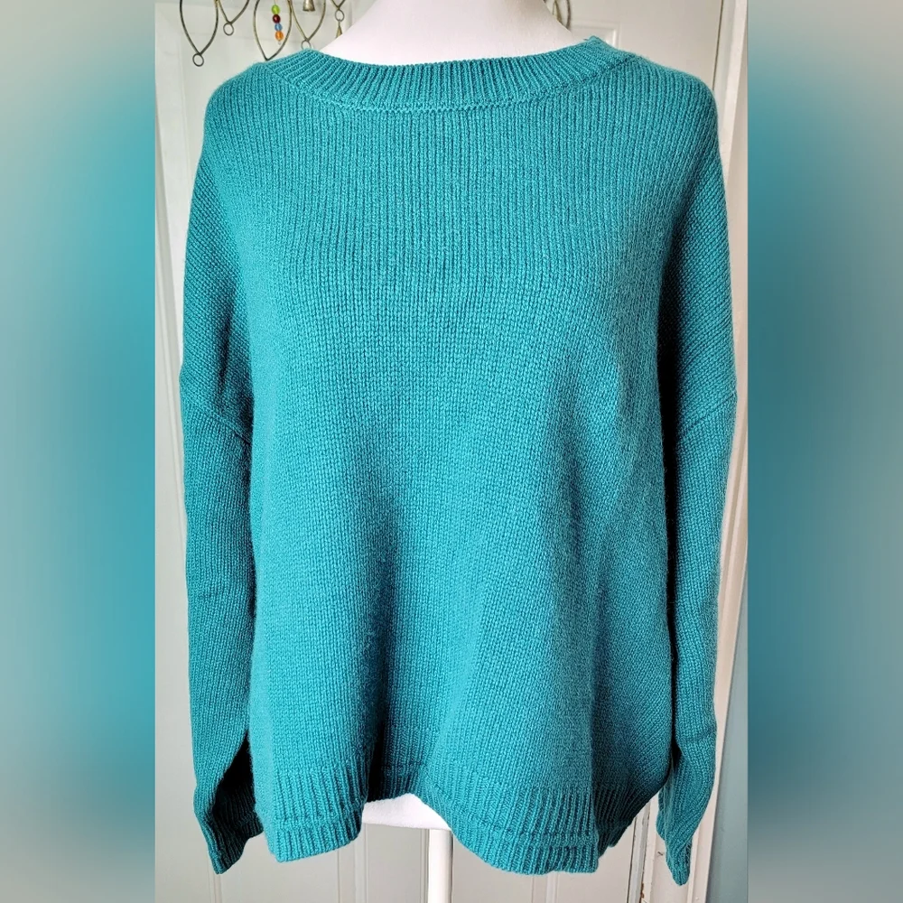 Sablyn Alston Boyfriend Crew Neck Sweater Womens L Teal 100% Cashmere Relaxed Fi - Picture 1 of 12